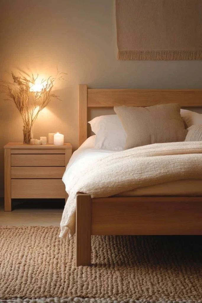Bright Scandinavian bedroom with white bedding, light wood furniture, and soft natural light