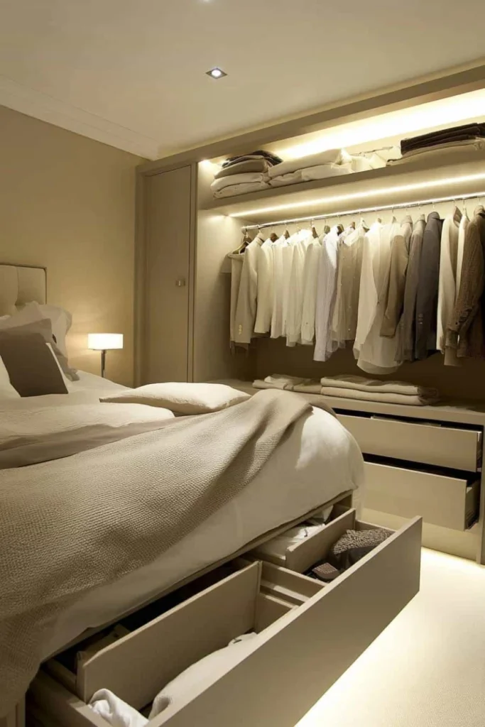 Scandinavian bedroom with light wood freestanding wardrobe, neutral bedding, and minimalist styling