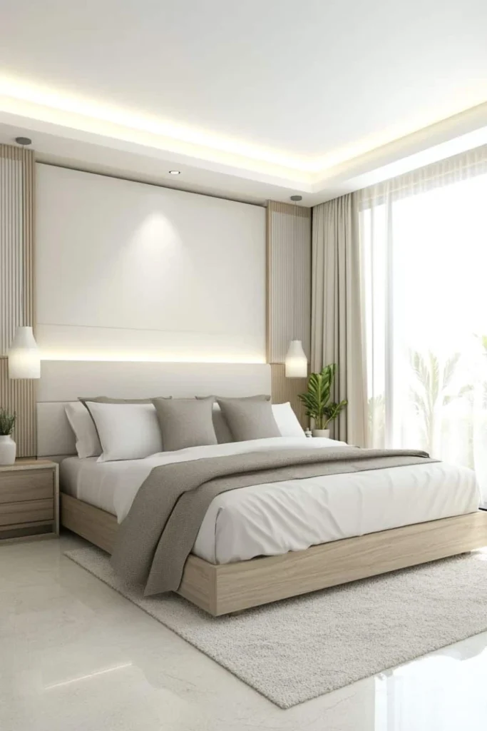 Calm Scandinavian bedroom with potted plant, neutral bedding, and warm wood furniture