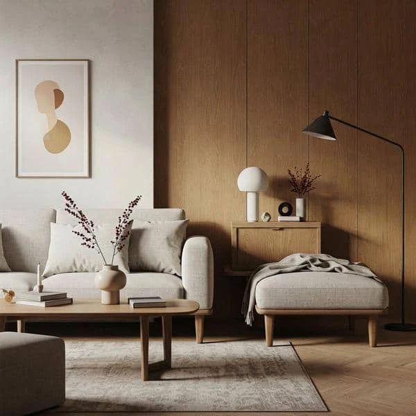 Cream Scandinavian sofa with slim wooden legs and minimalist neutral cushions