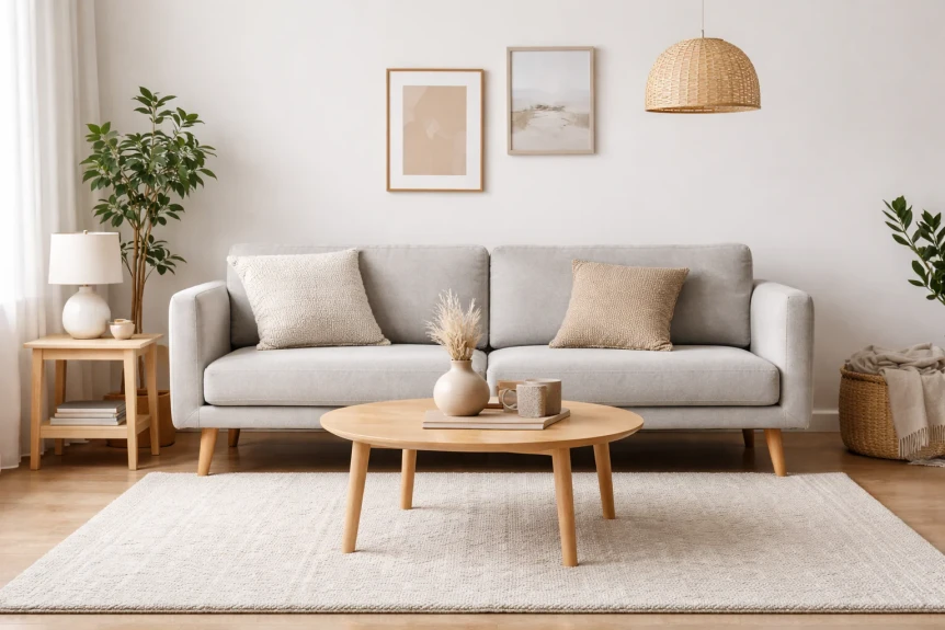 Visual guide to identifying a Scandinavian sofa with clean lines and slim wooden legs