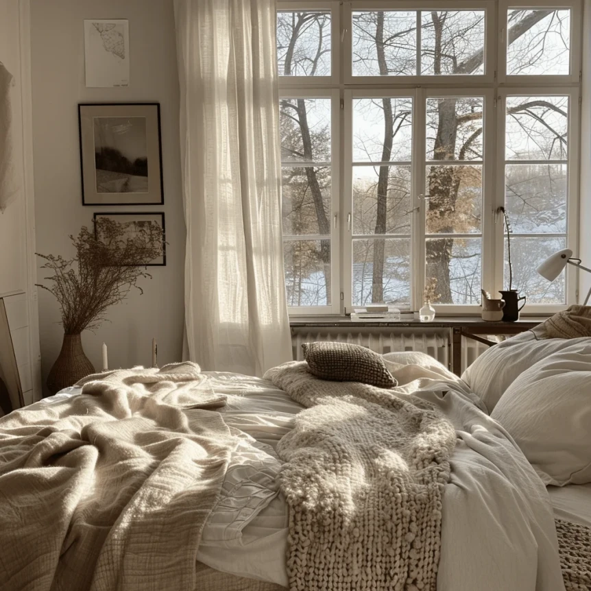 Scandinavian bedroom showcasing the warmth and softness of natural materials through layered textiles