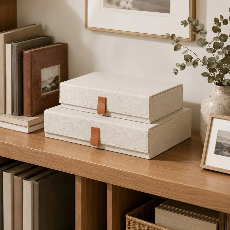 White storage boxes with leather tabs on wooden shelf with books and eucalyptus for minimalist home organization