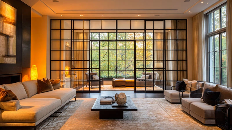 Modern cozy living room with large gridded windows, neutral sectional sofa, and natural light