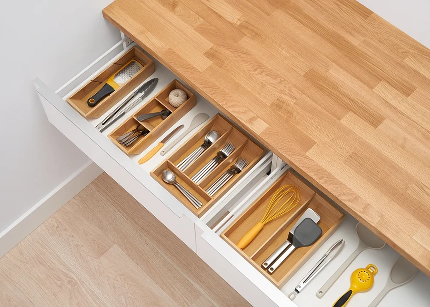 Organized kitchen drawer with bamboo dividers containing utensils and spices under wooden countertop