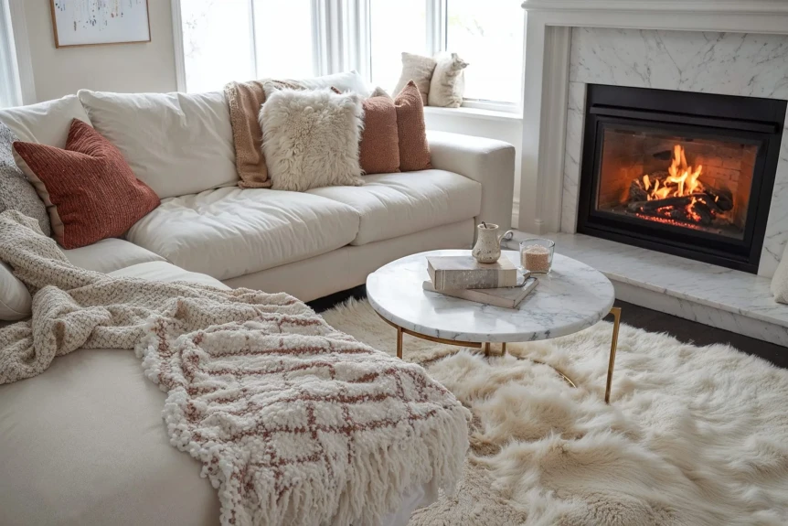 Scandi living room layered with abundant texture through textiles, wool, sheepskin and natural materials