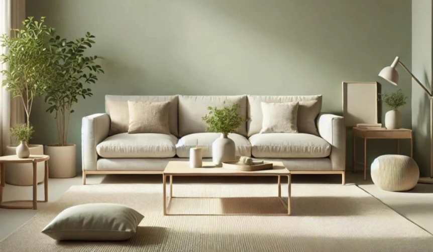 Bright Scandinavian living room with neutral beige sofa, sage green accents, and natural light creating calm atmosphere