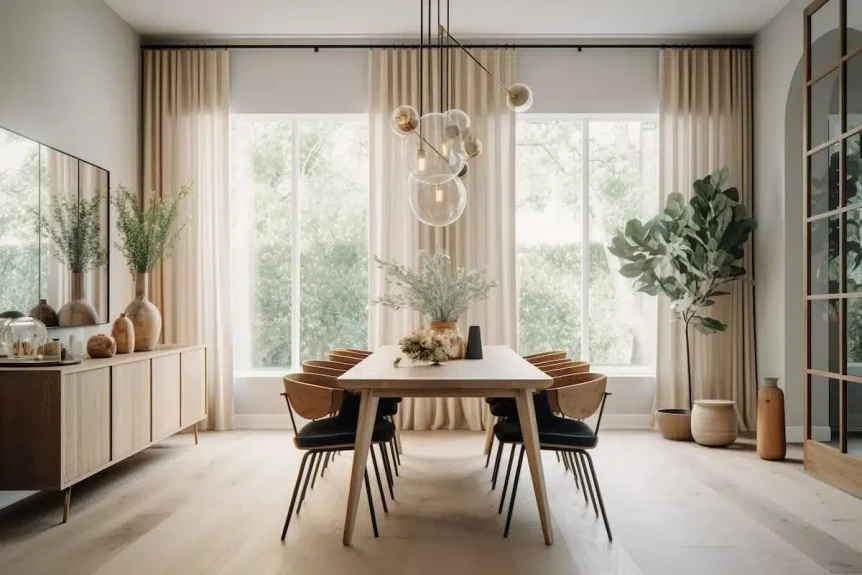 Key features of Scandinavian dining room design with light wood table and woven chairs