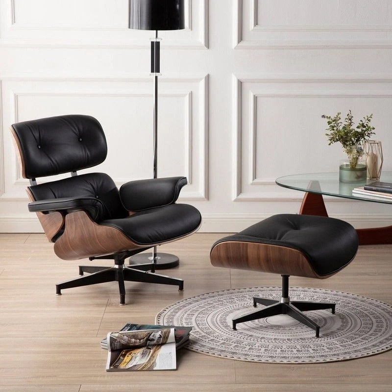 Vintage Swedish wood and leather lounge chair with matching ottoman