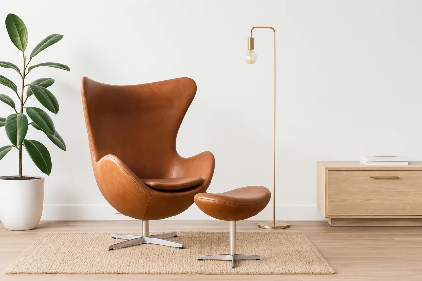 Arne style Scandinavian accent chair in tan premium leather with light wood frame