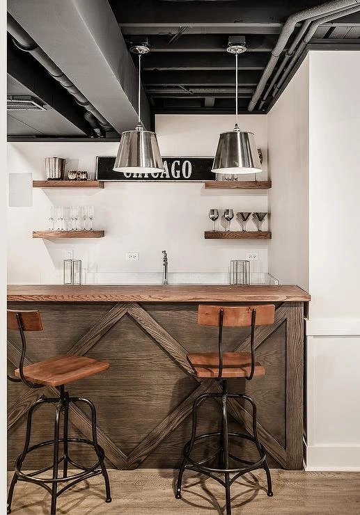 Basement industrial wet bar design