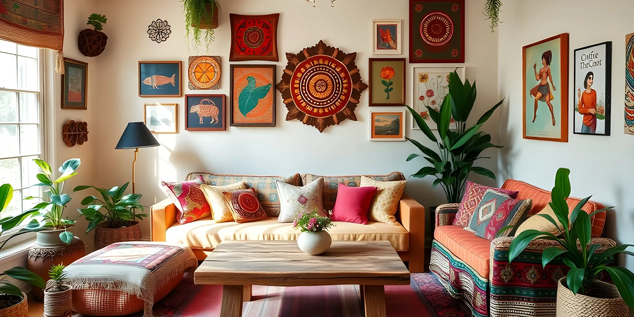 Bohemian living room with colorful wall art, beige sofa, vibrant pillows, and lush indoor plants