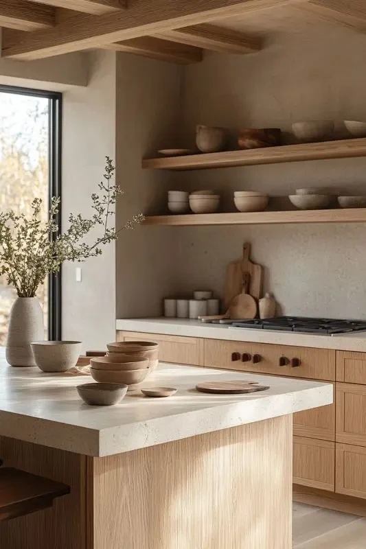 Minimalist Japandi kitchen with light wood island, open shelving, neutral tones, and natural light