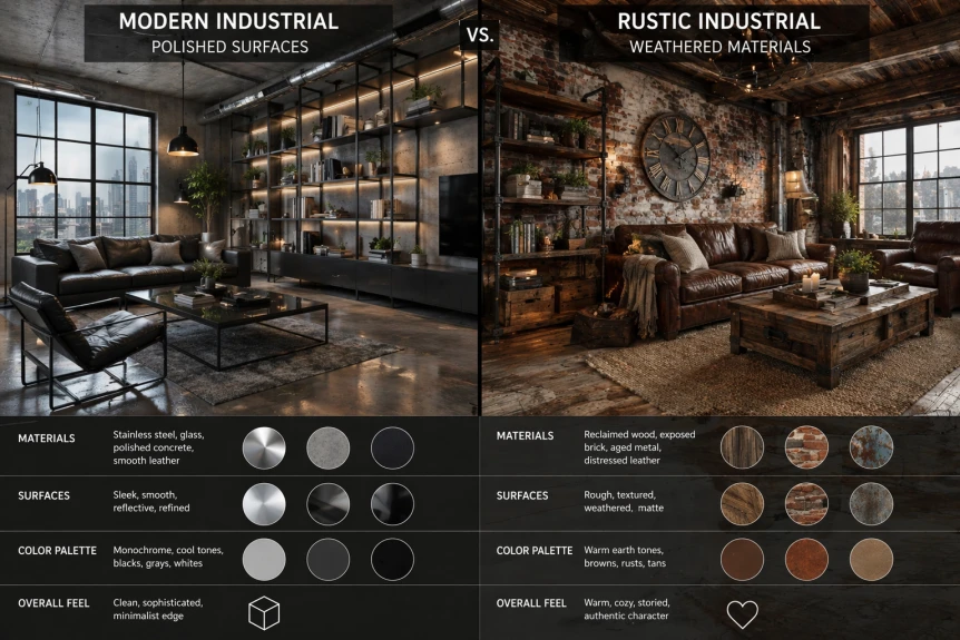 Modern industrial and rustic industrial interior design comparison showing material palettes and styling differences