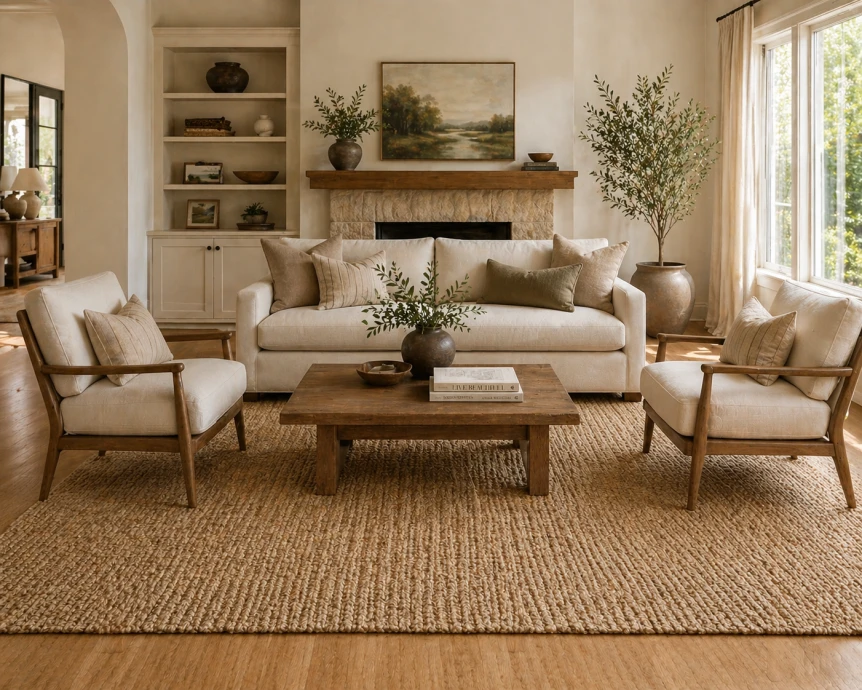Neutral living room with beige sofa, wooden coffee table, jute rug, and matching armchairs in warm earth tones