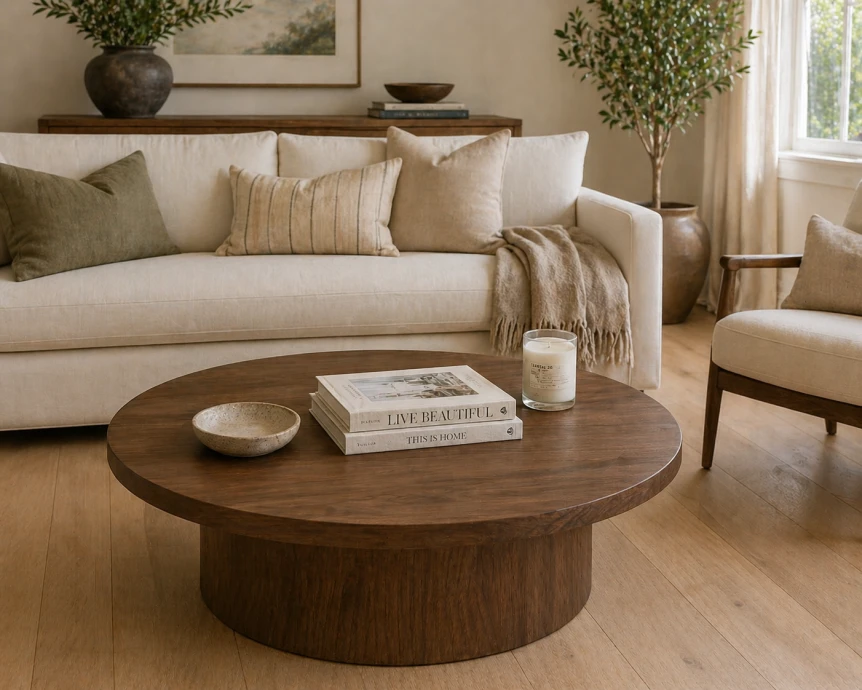 Round wooden coffee table with pedestal base in modern neutral living room with beige sofa and natural decor