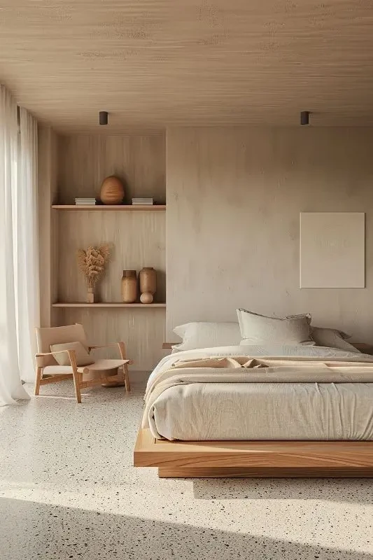 Minimalist Japandi bedroom with low wooden platform bed, neutral tones, and built-in shelving displaying pottery