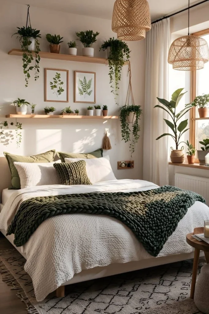 Cozy bohemian bedroom with hanging plants, woven pendant lights, layered textiles, and natural wood accents