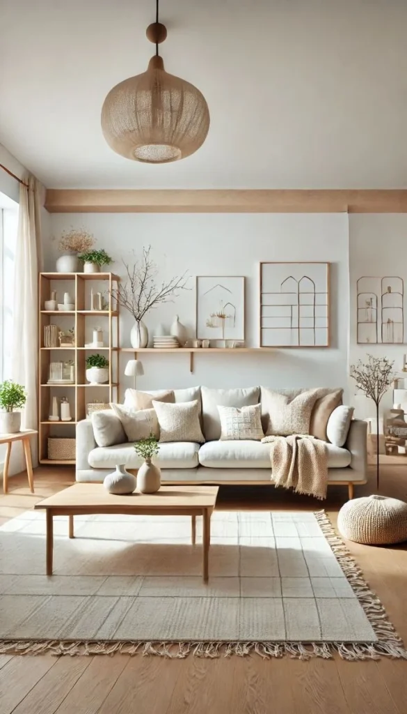 Bright Scandinavian living room with neutral tones, woven pendant light, and natural wood accents creating cozy space