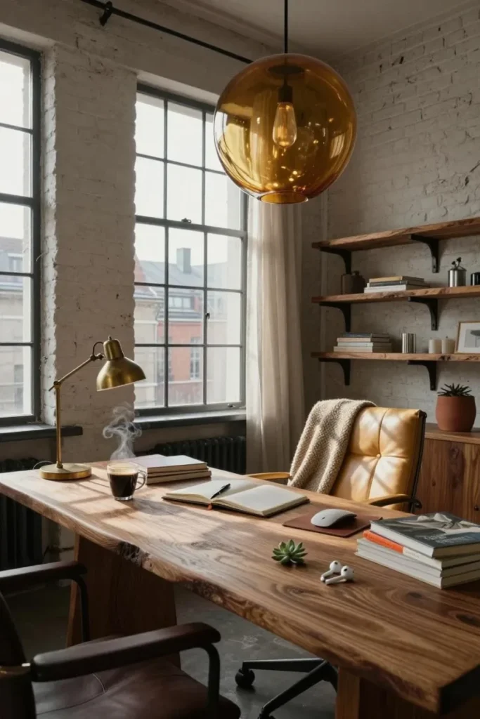 Industrial home office with wooden desk, gold pendant light, brick walls, and metal-framed windows