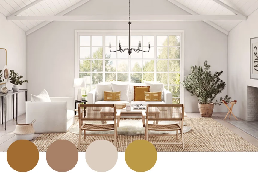 Bright Scandinavian living room with white walls, natural wood furniture, and warm neutral color palette swatches