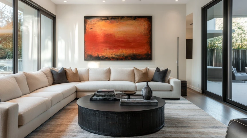 Warm minimalist living room with beige sofa, round black coffee table, and orange abstract art