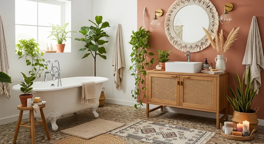 bohemian style rugs, hanging plants and vintage cabinet as vanity