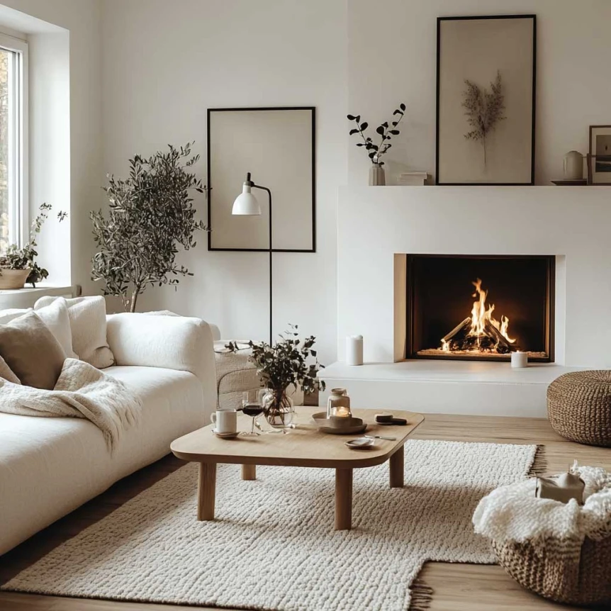 Cozy minimalist living room with fireplace, neutral tones, and natural textures embodying hygge lifestyle