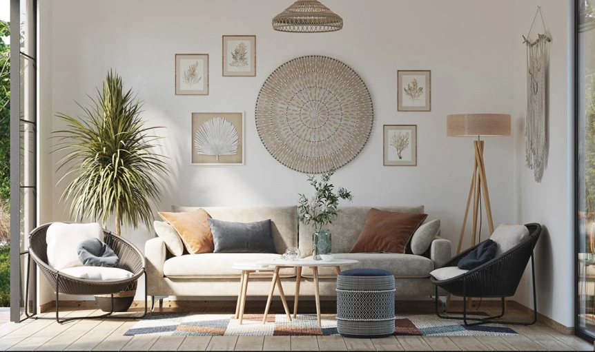 Scandinavian living room with neutral tones, natural textures, minimal furniture, and boho accents like woven wall art
