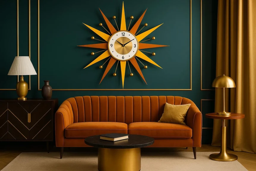 Mid-century modern living room with orange velvet sofa, gold sunburst mirror, and teal walls