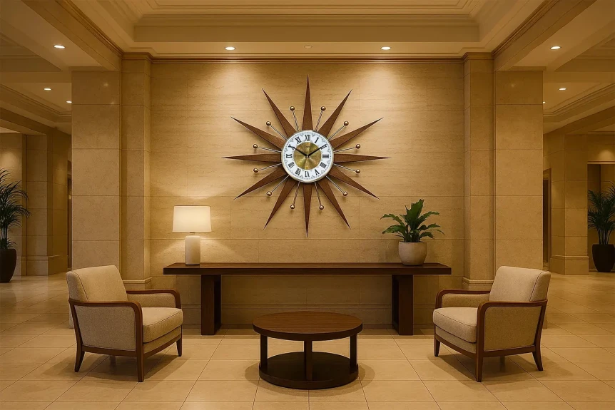 Mid-century modern hotel lobby with starburst clock, beige armchairs, and warm ambient lighting