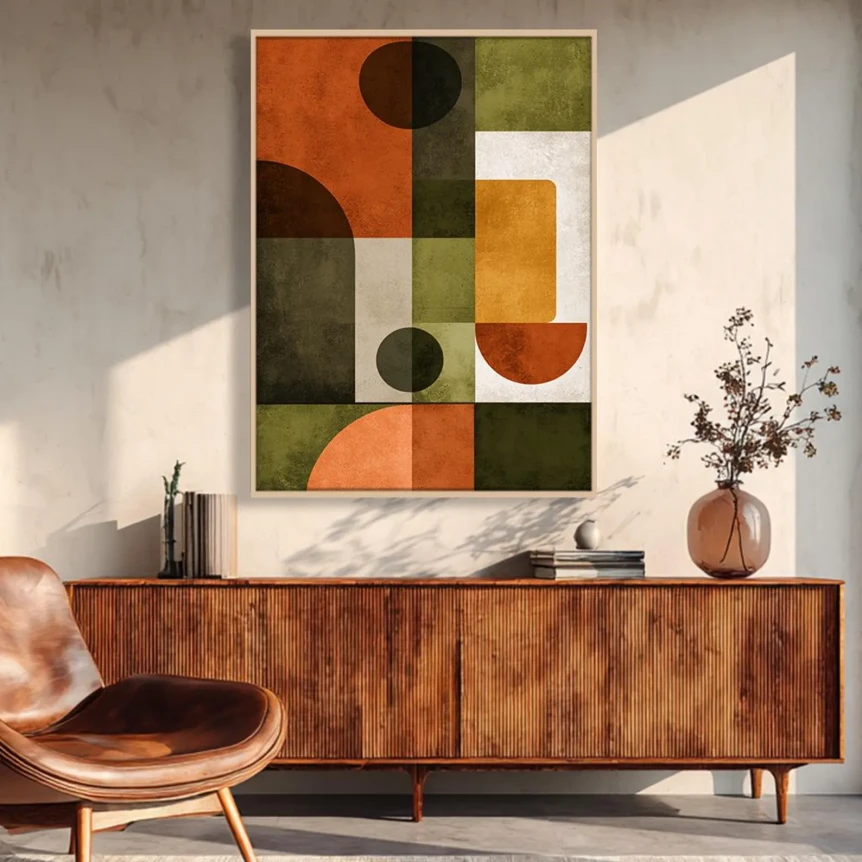 Mid-century modern living room with geometric wall art, wooden credenza, and brown leather chair