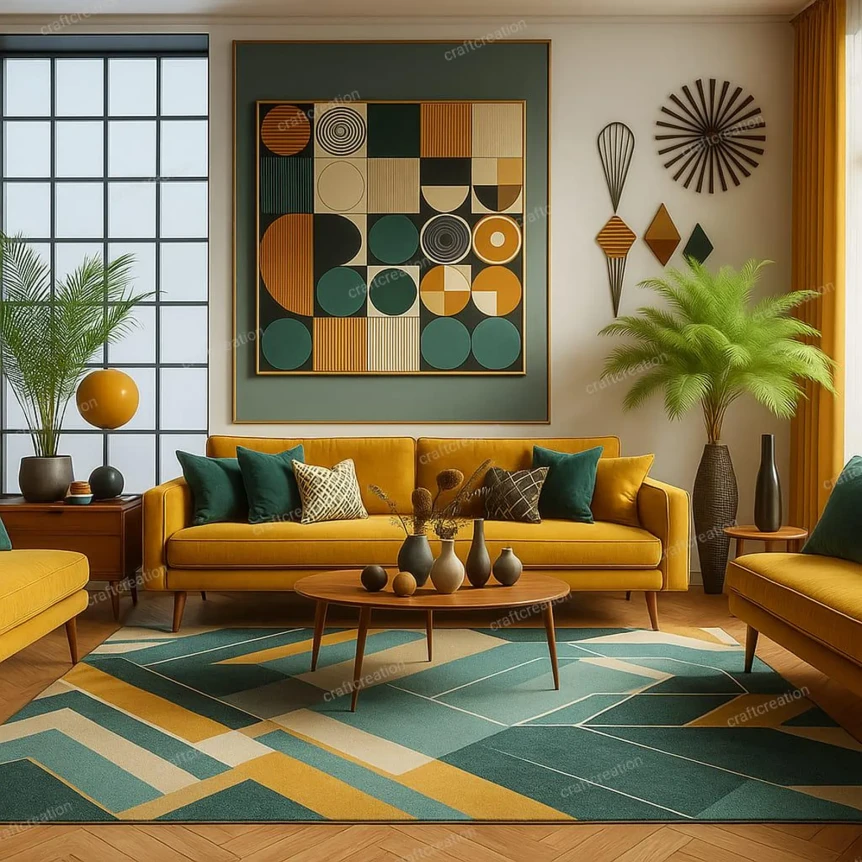 Mid-century modern living room with mustard yellow sofa, geometric wall art, and teal accent decor