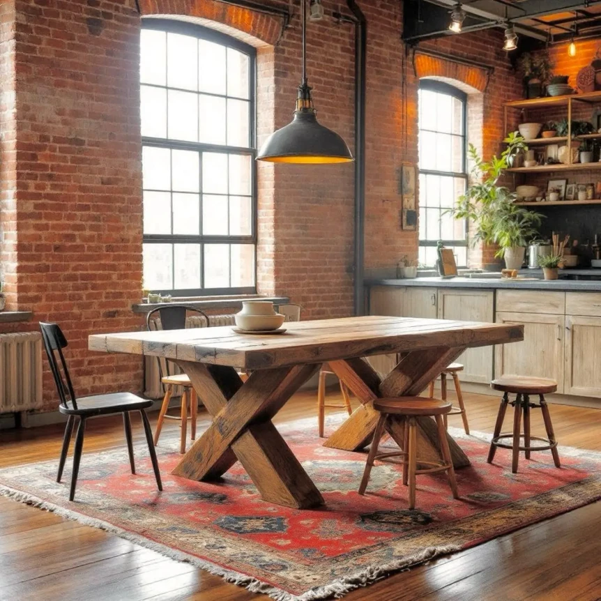 Rustic wooden dining table with X-shaped base in industrial loft with exposed brick walls and metal pendant light