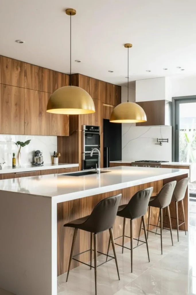 Mid-century modern kitchen with gold pendant lights above white island and wood accent wall