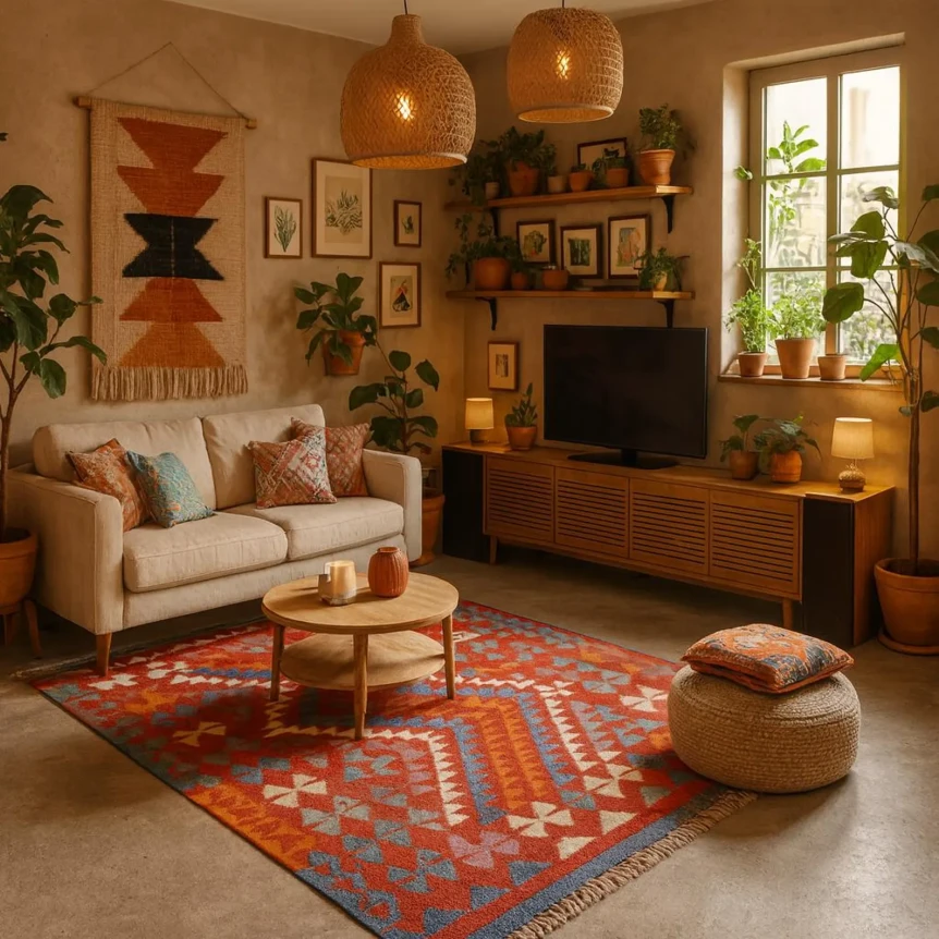 Cozy boho living room with colorful rug, wooden media console, hanging plants, and warm earth tone decor