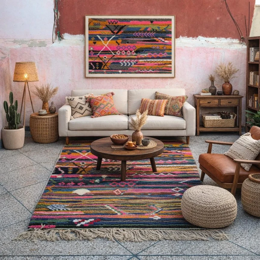Bohemian living room with colorful geometric rug, beige sofa, wooden coffee table, and vibrant wall art