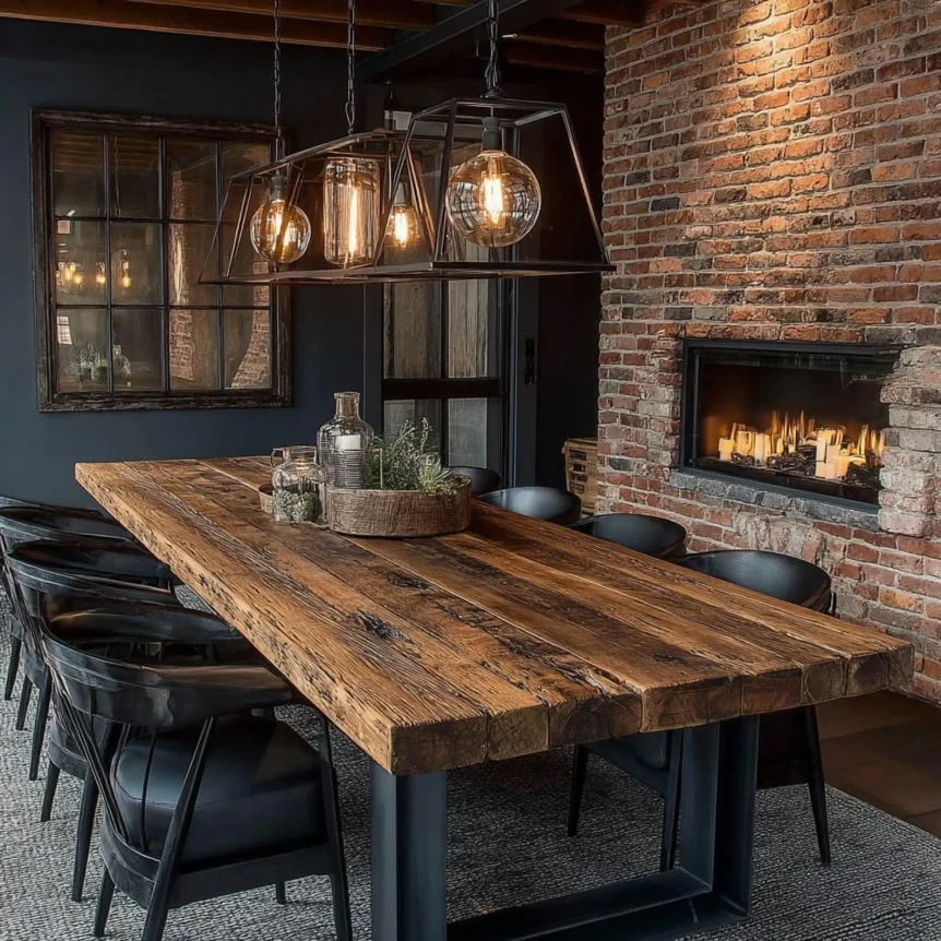 Rustic industrial dining room with reclaimed wood table, metal legs, pendant lights, and brick fireplace