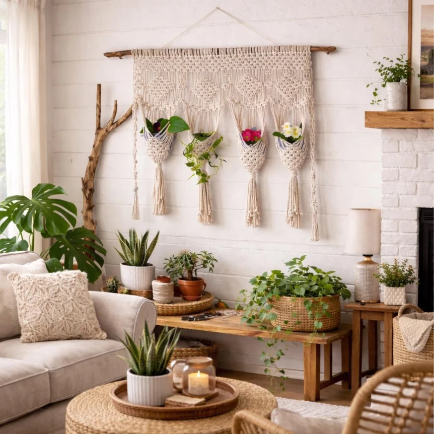 Boho living room with macrame wall hanging, indoor plants, and natural wood accents on budget