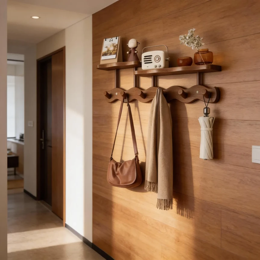 Wooden entryway wall with floating shelves and coat hooks displaying bohemian bags, scarf, and neutral decor