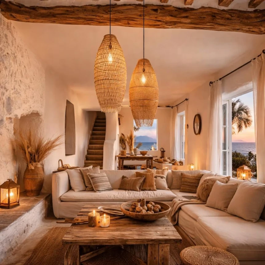 Warm boho living room with woven pendant lights, neutral sectional sofa, wooden coffee table, and cozy ambient lighting