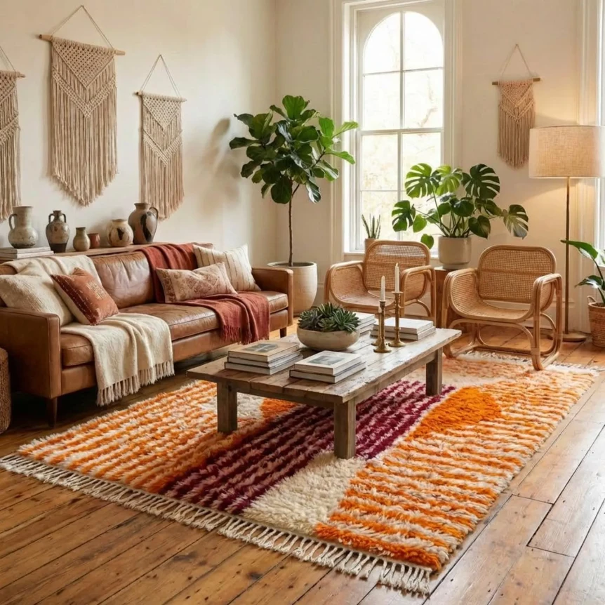 Bohemian living room with leather sofa, colorful woven rug, plants, and natural wood coffee table