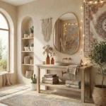 Boho wall decor with irregular organic wall mirror, garland, woven baskets, shelves, textiles...