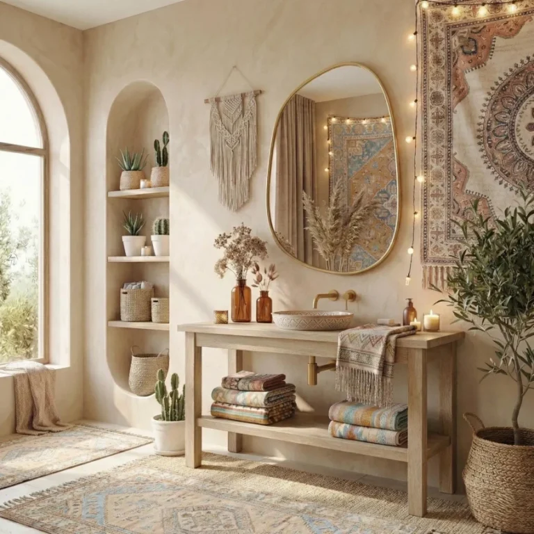 Boho wall decor with irregular organic wall mirror, garland, woven baskets, shelves, textiles...