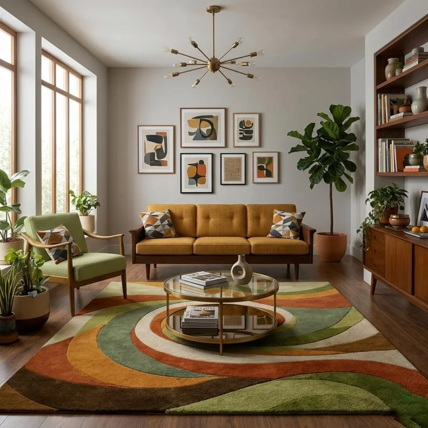 Mid-century modern living room with mustard sofa, geometric rug, gallery wall, and retro sputnik chandelier