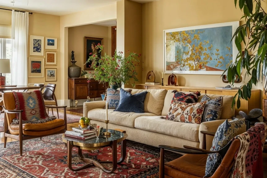 Bohemian living room with mixed patterns including oriental rug, floral pillows, and eclectic artwork on walls