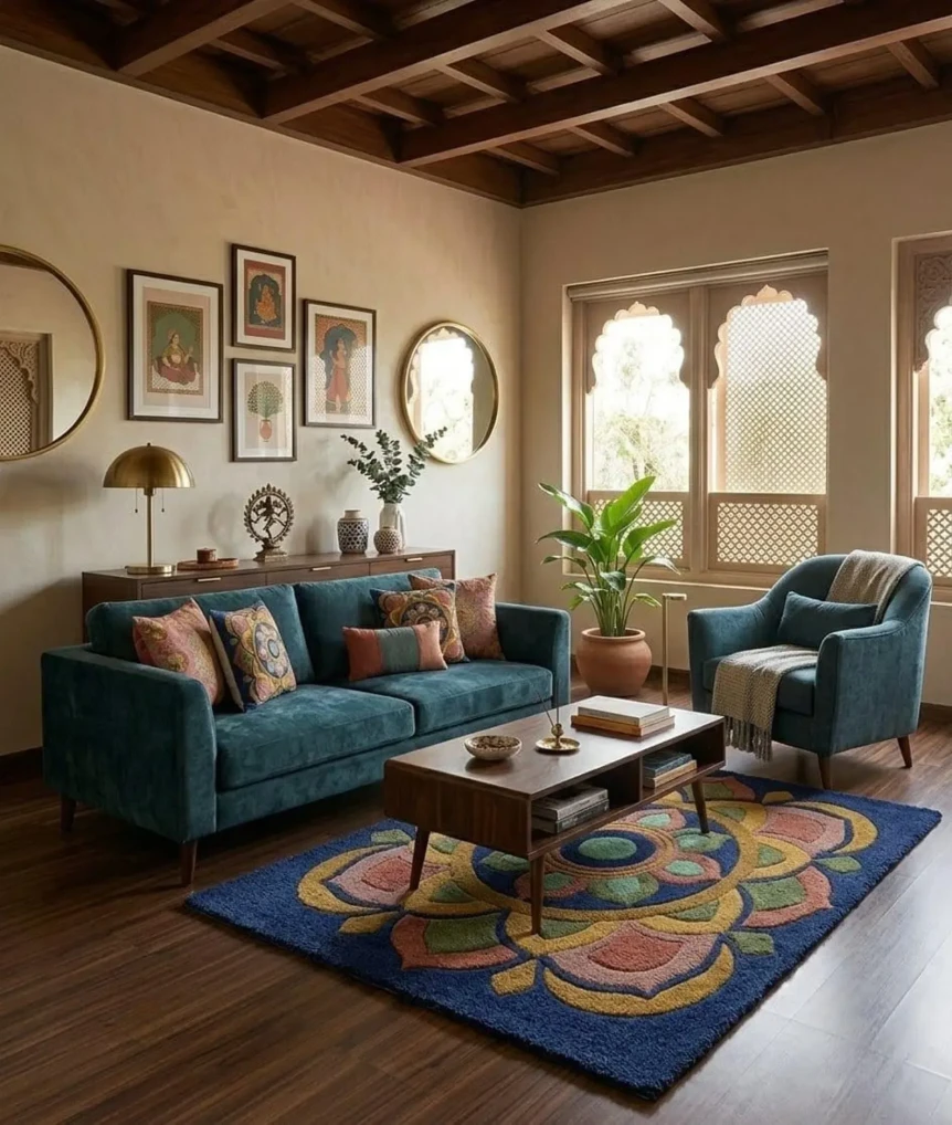 Bohemian living room with teal velvet sofa, colorful patterned rug, exposed beam ceiling, and eclectic wall art