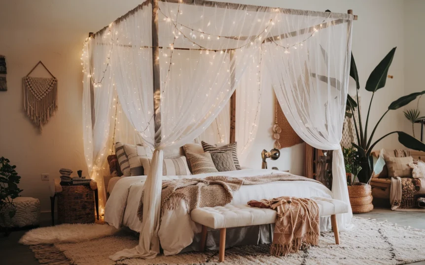 Bohemian bedroom with four-poster canopy bed, string lights, neutral textiles, and natural plants creating cozy boho aesth...