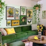 bohemian living room with hanging plants, wall art gallery, rattan side table and basket, rug