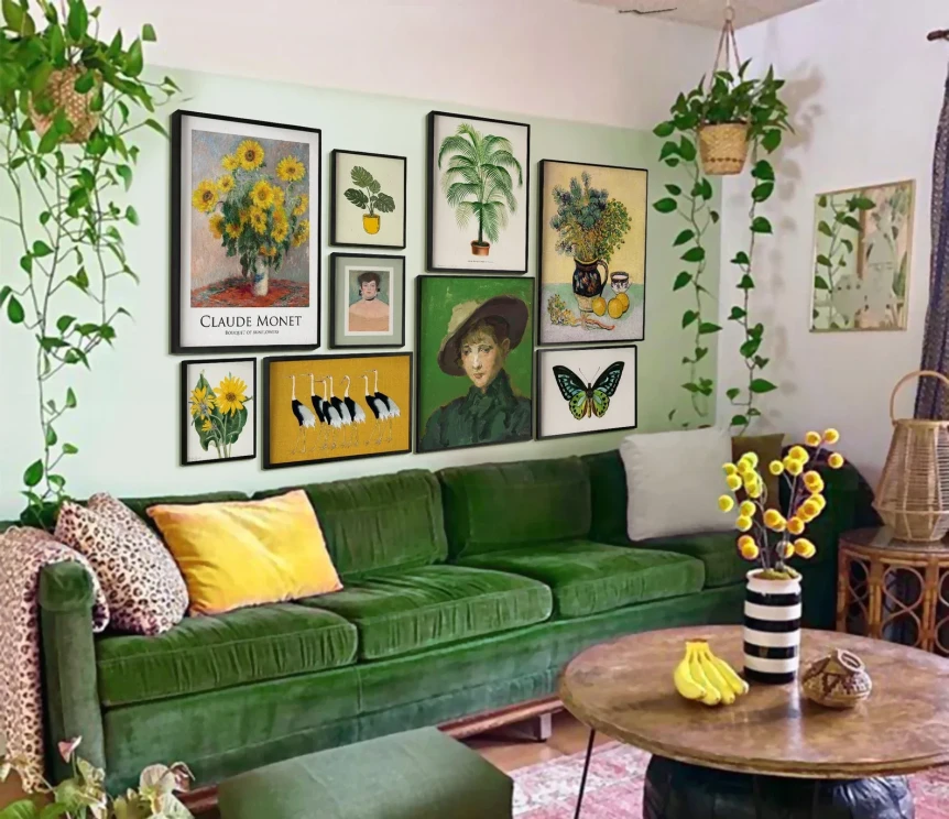 bohemian living room with hanging plants, wall art gallery, rattan side table and basket, rug
